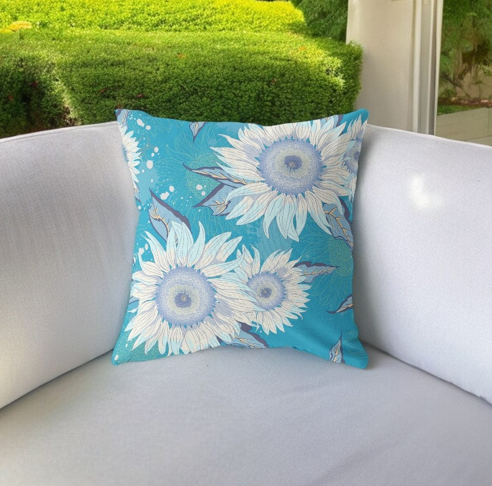 18" Aqua White Sunflower Indoor Outdoor Zippered Throw Pillow