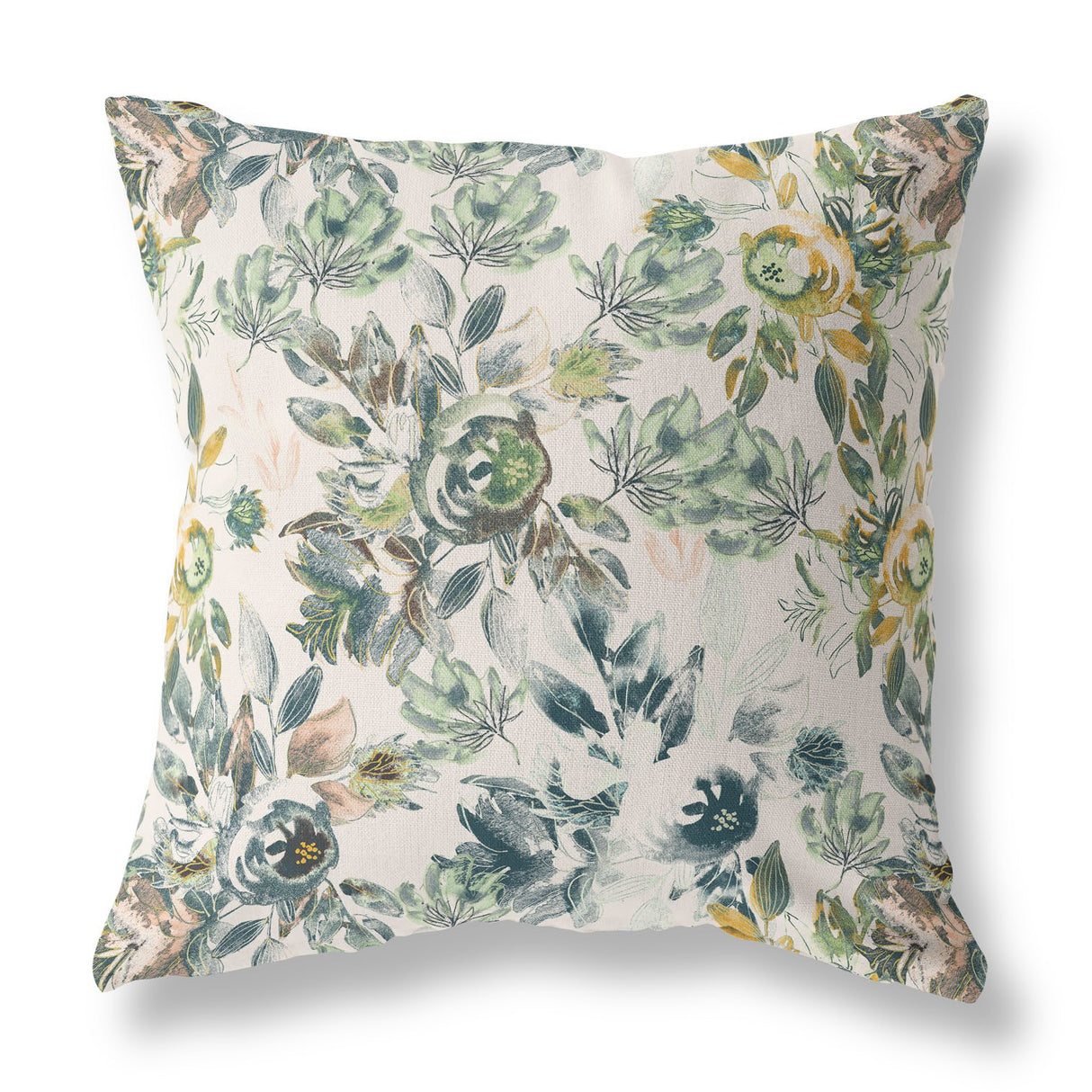16” White Green Florals Indoor Outdoor Zippered Throw Pillow