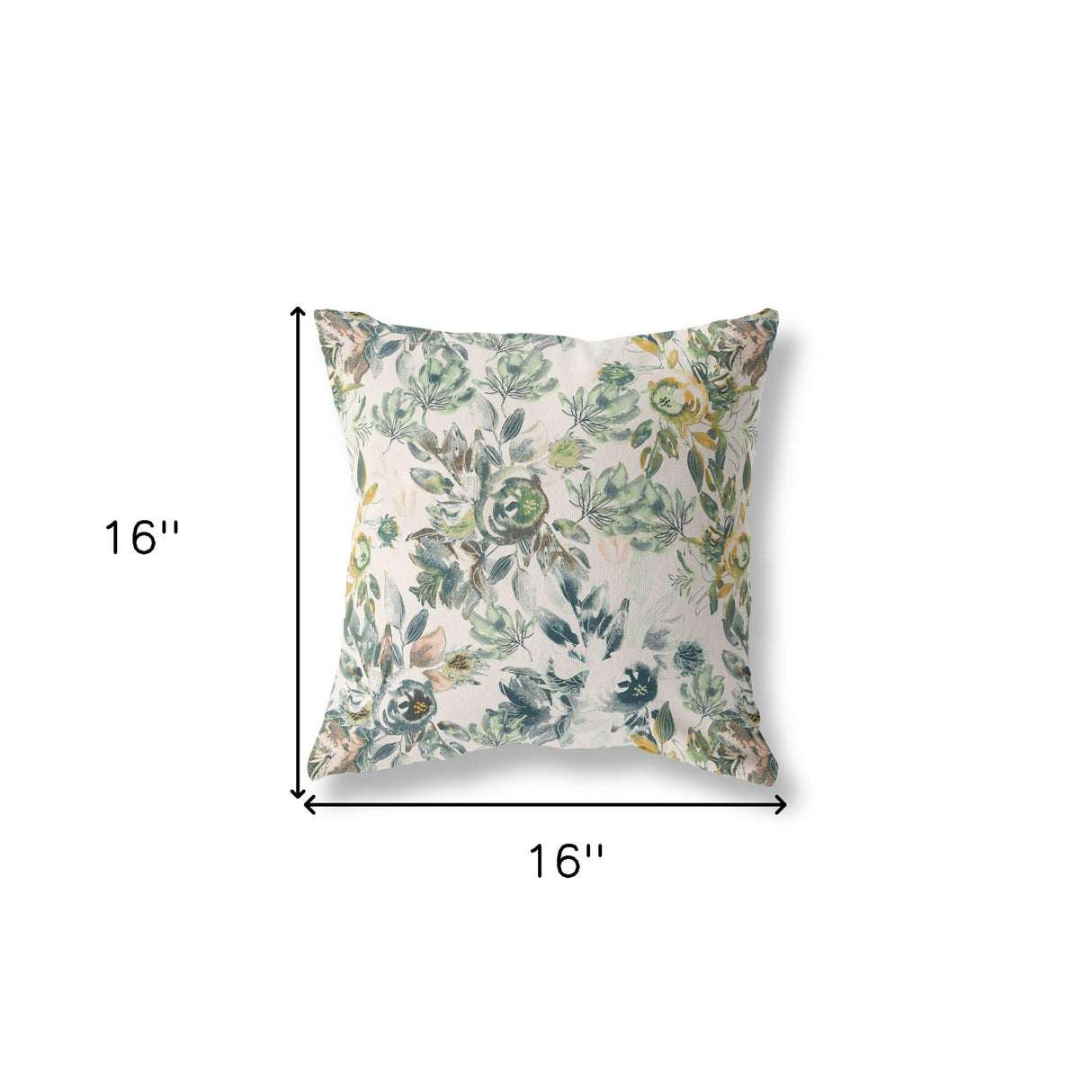 16” White Green Florals Indoor Outdoor Zippered Throw Pillow