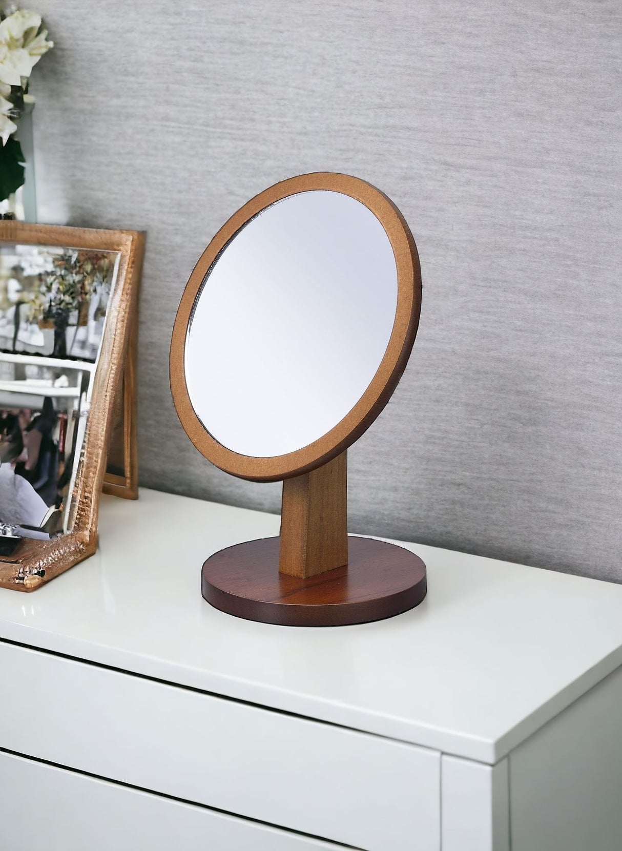 10" Brown Round Framed Makeup Shaving Tabletop Mirror