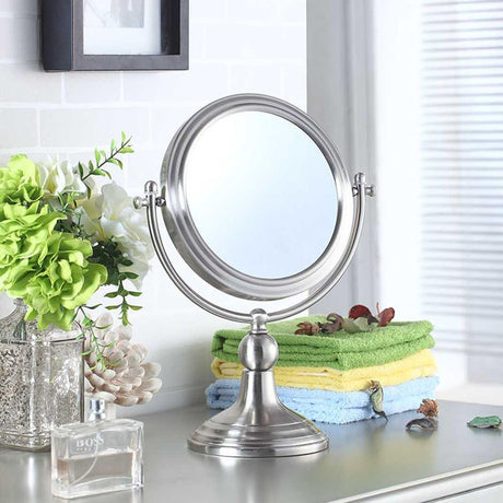 14" Silver Round Metal Framed Makeup Shaving Tabletop Mirror