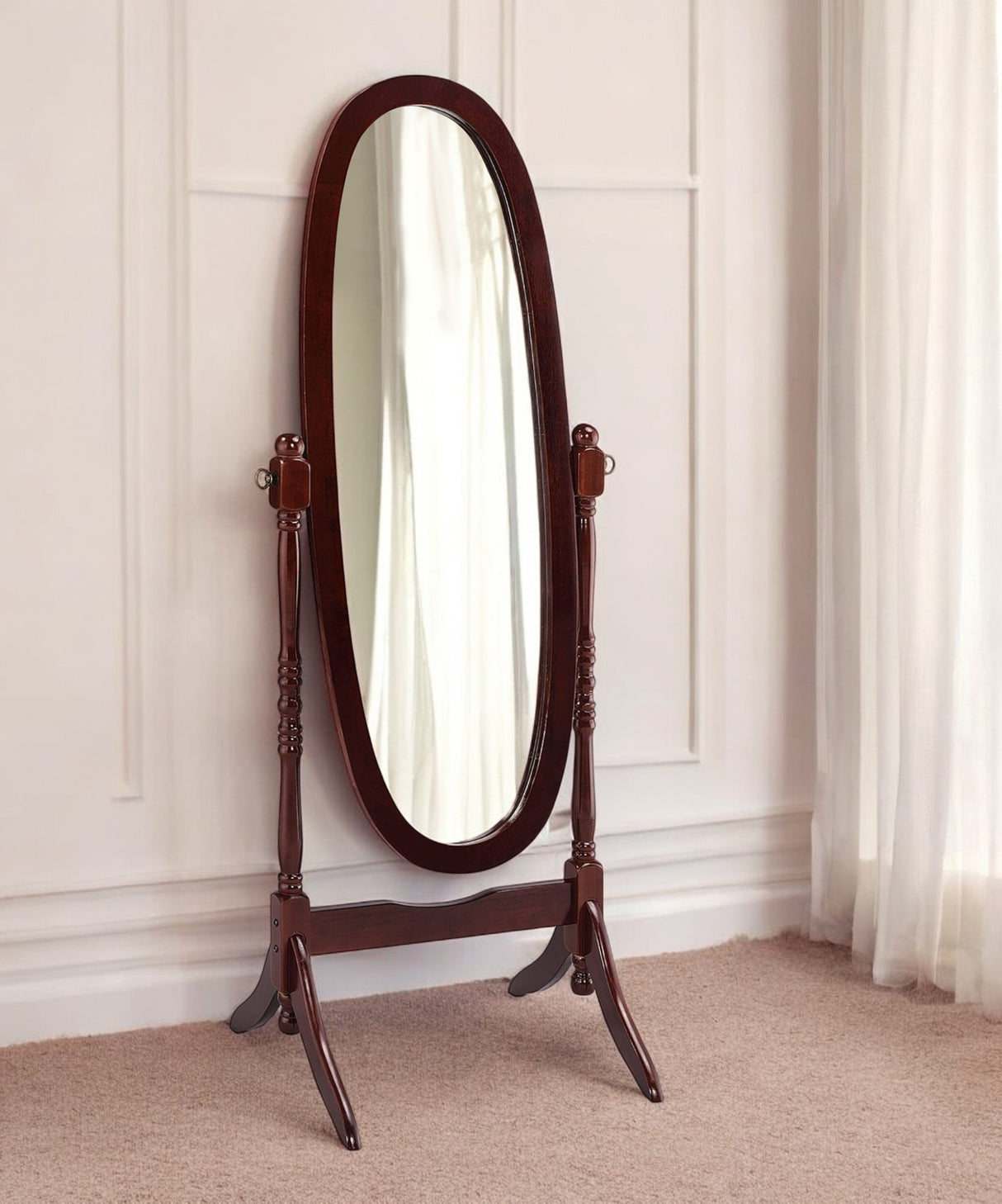 59" Brown Cherry Oval Framed Cheval Standing Mirror