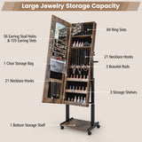3-Color 46 LED Lights Mirror Jewelry Cabinet Armoire Adjustable Height with Wheels-Brown