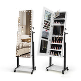 3-Color 46 LED Lights Mirror Jewelry Cabinet Armoire Adjustable Height with Wheels-White