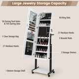 3-Color 46 LED Lights Mirror Jewelry Cabinet Armoire Adjustable Height with Wheels-White