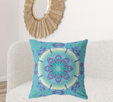 18" X 18" Blue And Purple Broadcloth Floral Throw Pillow