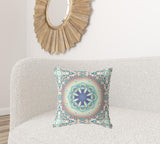18" X 18" Beige And Blue Broadcloth Floral Throw Pillow
