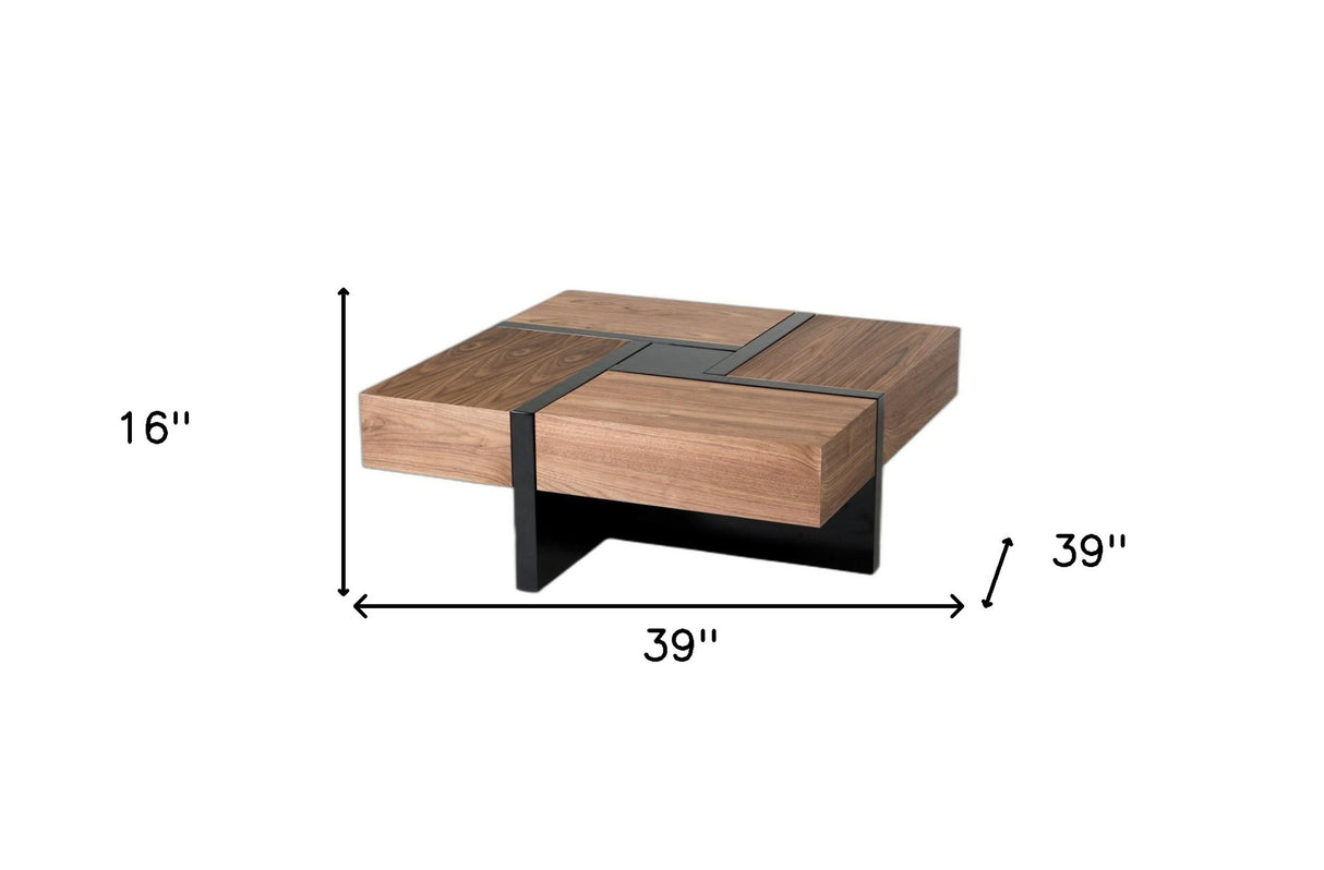 39" Brown and Black and Black Square Coffee Table with Four Drawers