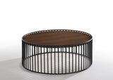 Modern Walnut and Black Metal Rods Round Coffee Table