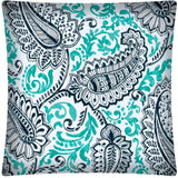 17" Turquoise Navy and White Paisley Indoor Outdoor Throw Pillow Cover