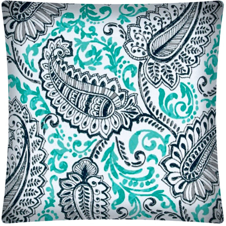 17" Turquoise Navy and White Paisley Indoor Outdoor Throw Pillow Cover