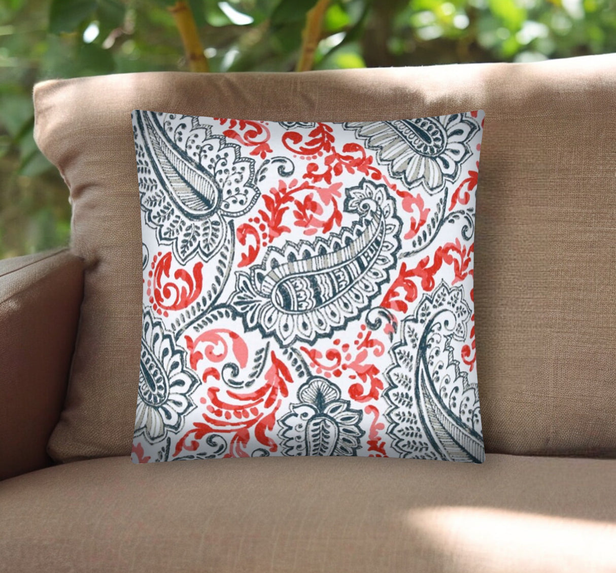 17" Coral Navy and White Paisley Indoor Outdoor Throw Pillow Cover