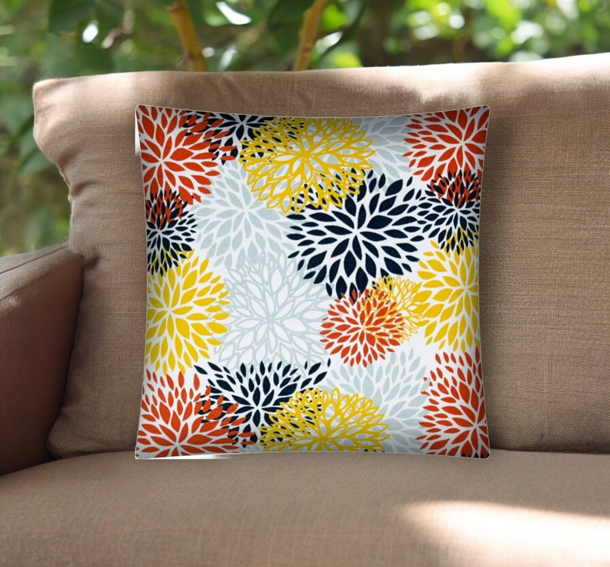 17" Yellow White and Orange Floral Indoor Outdoor Throw Pillow Cover