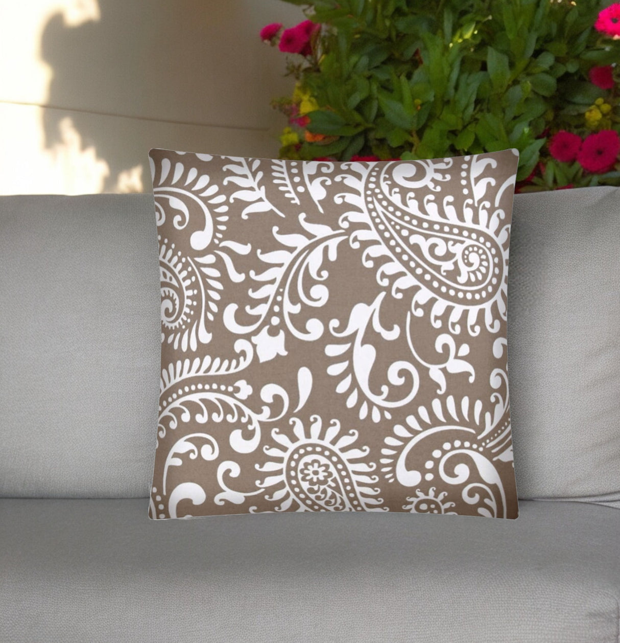 17" Taupe and White Paisley Indoor Outdoor Throw Pillow Cover