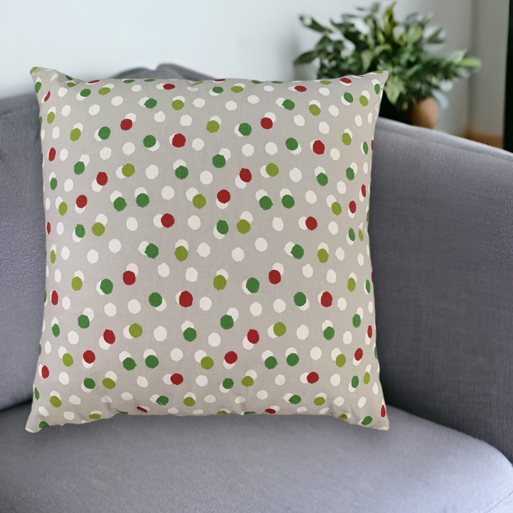 14" Gray and Red Christmas Polka Dot Cotton Throw Pillow Cover