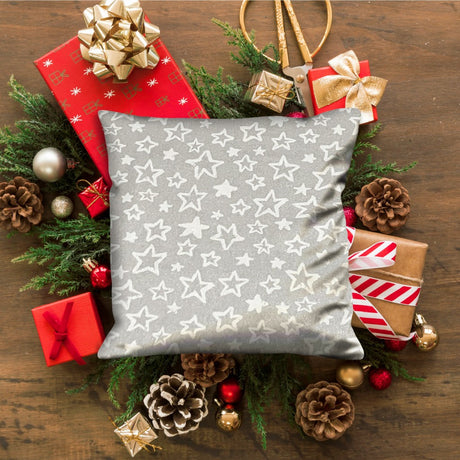 14" Silver and White Christmas Star Cotton Throw Pillow Cover