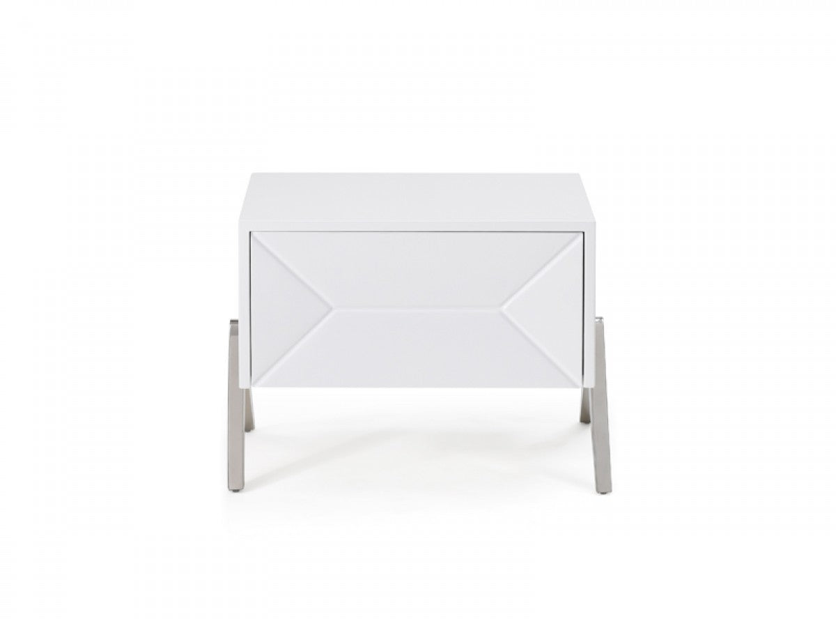 Modern Silky White Nightstand with One Drawer and Steel Legs