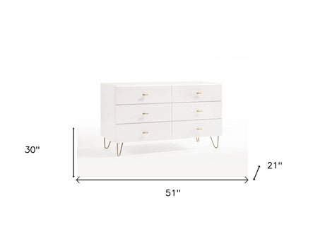 51" White Manufactured Wood Six Drawer Double Dresser