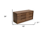 60" Walnut Manufactured Wood Six Drawer Double Dresser