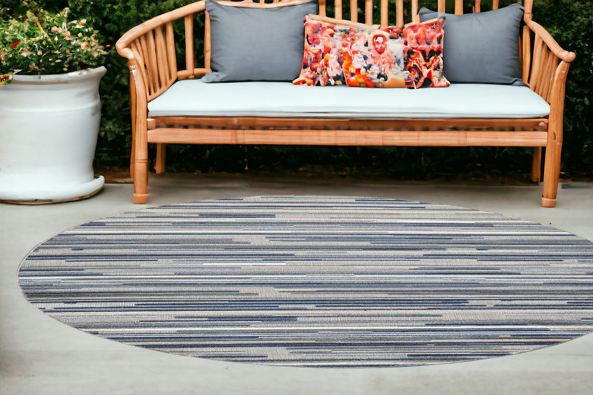 8’ Round Blue Abstract Striped Indoor Outdoor Area Rug