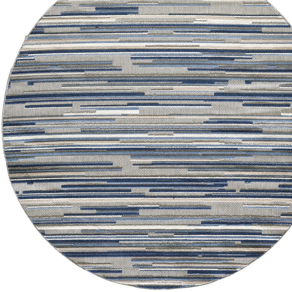 8’ Round Blue Abstract Striped Indoor Outdoor Area Rug