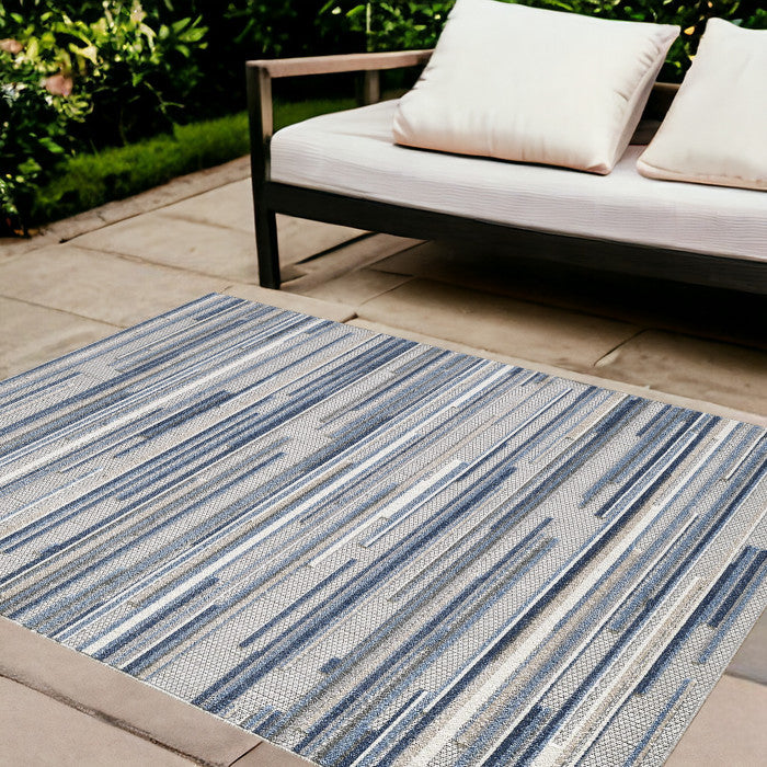 8' X 10' Blue Gray and Ivory Striped Indoor Outdoor Area Rug