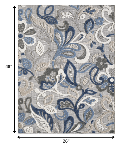 2' X 4' Blue Gray Jacobean Floral Indoor Outdoor Area Rug