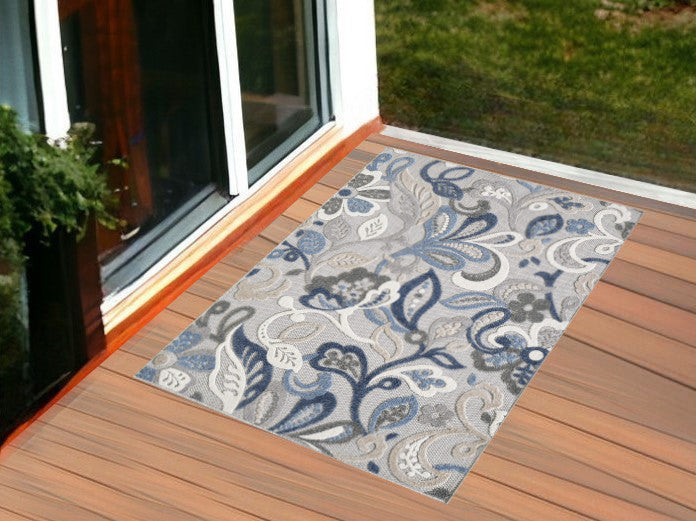 2' X 4' Blue Gray Jacobean Floral Indoor Outdoor Area Rug