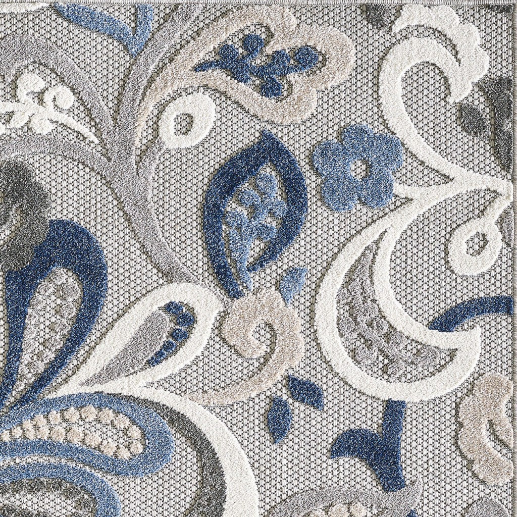 2' X 4' Blue Gray Jacobean Floral Indoor Outdoor Area Rug