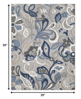 3' X 5' Blue Gray Jacobean Floral Indoor Outdoor Area Rug