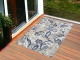 3' X 5' Blue Gray Jacobean Floral Indoor Outdoor Area Rug