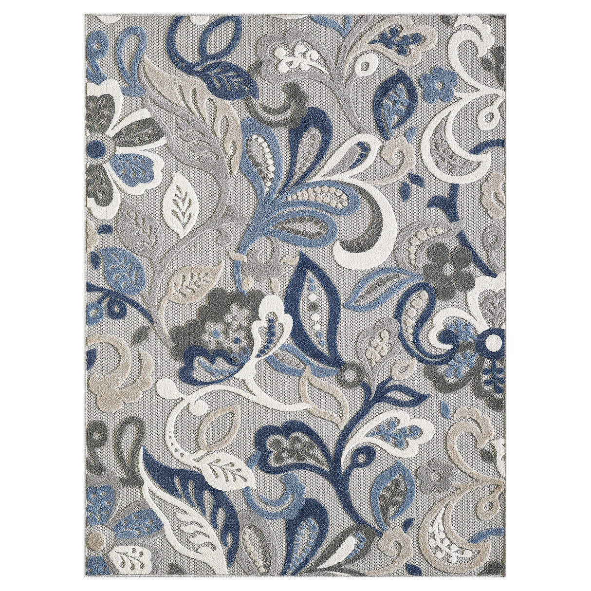 7’ X 9’ Blue Gray Jacobean Floral Indoor Outdoor Area Rug