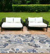 7’ X 9’ Blue Gray Jacobean Floral Indoor Outdoor Area Rug