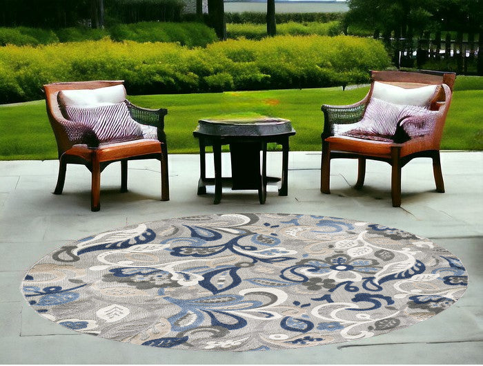 8’ Round Blue Gray Jacobean Floral Indoor Outdoor Area Rug