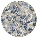 8’ Round Blue Gray Jacobean Floral Indoor Outdoor Area Rug