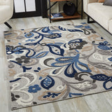 8’ Round Blue Gray Jacobean Floral Indoor Outdoor Area Rug