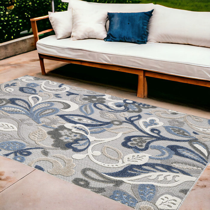 8' X 10' Blue And Gray Floral Stain Resistant Indoor Outdoor Area Rug