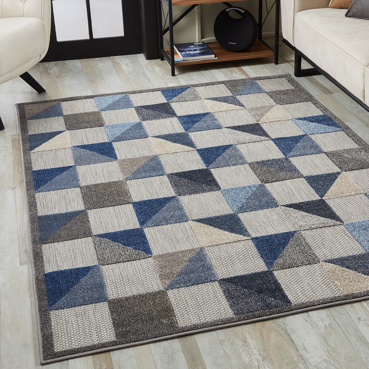 2' X 4' Blue And Gray Geometric Stain Resistant Indoor Outdoor Area Rug