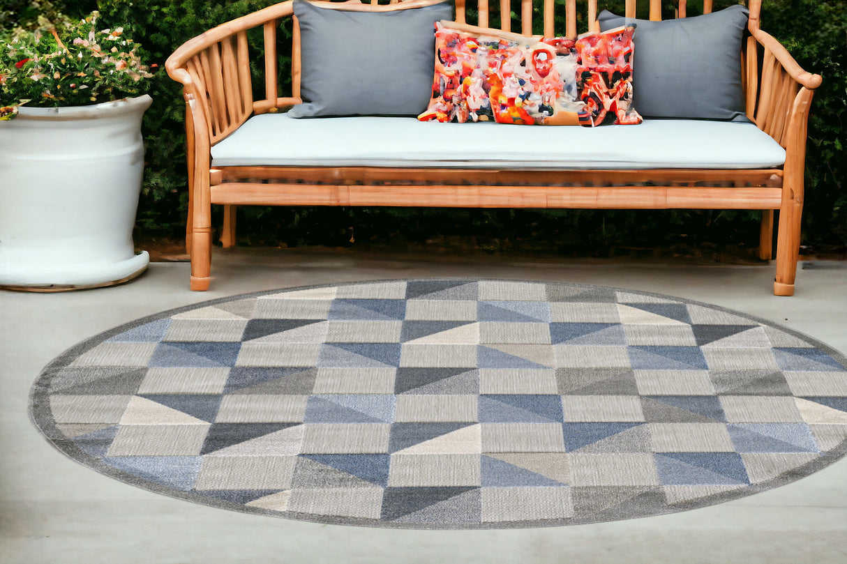 8' Round Blue And Gray Round Geometric Stain Resistant Indoor Outdoor Area Rug