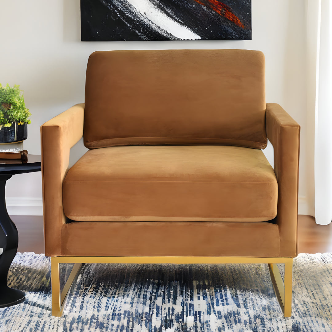 34" Camel And Gold Velvet Arm Chair