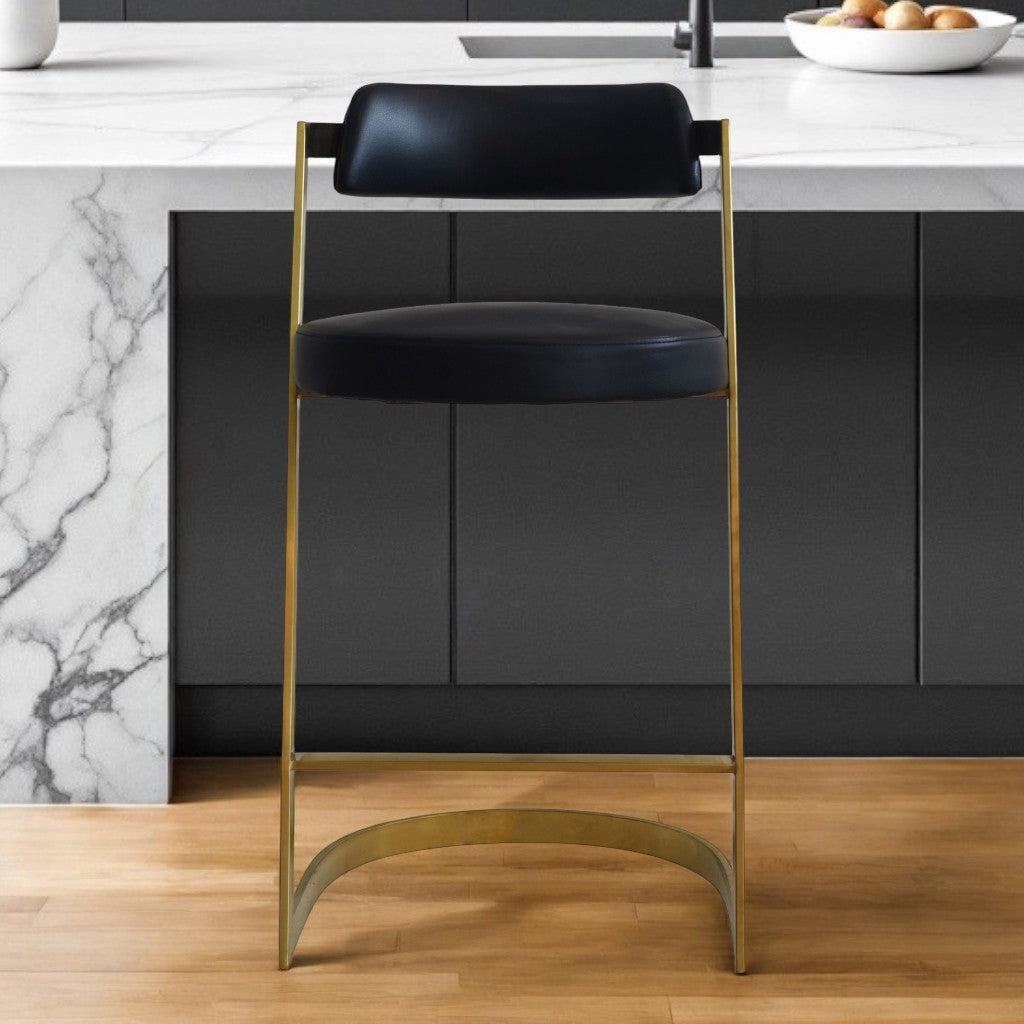 26" Black And Gold Faux Leather And Stainless Steel Low Back Counter Height Bar Chair