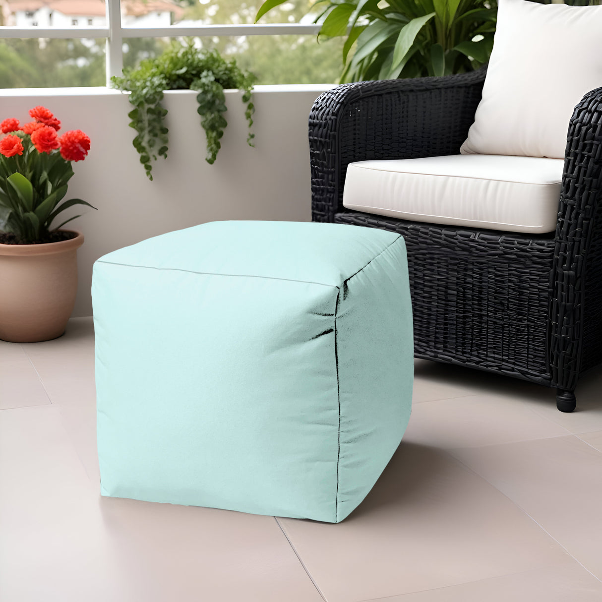 17" Blue Canvas Cube Outdoor Pouf Ottoman