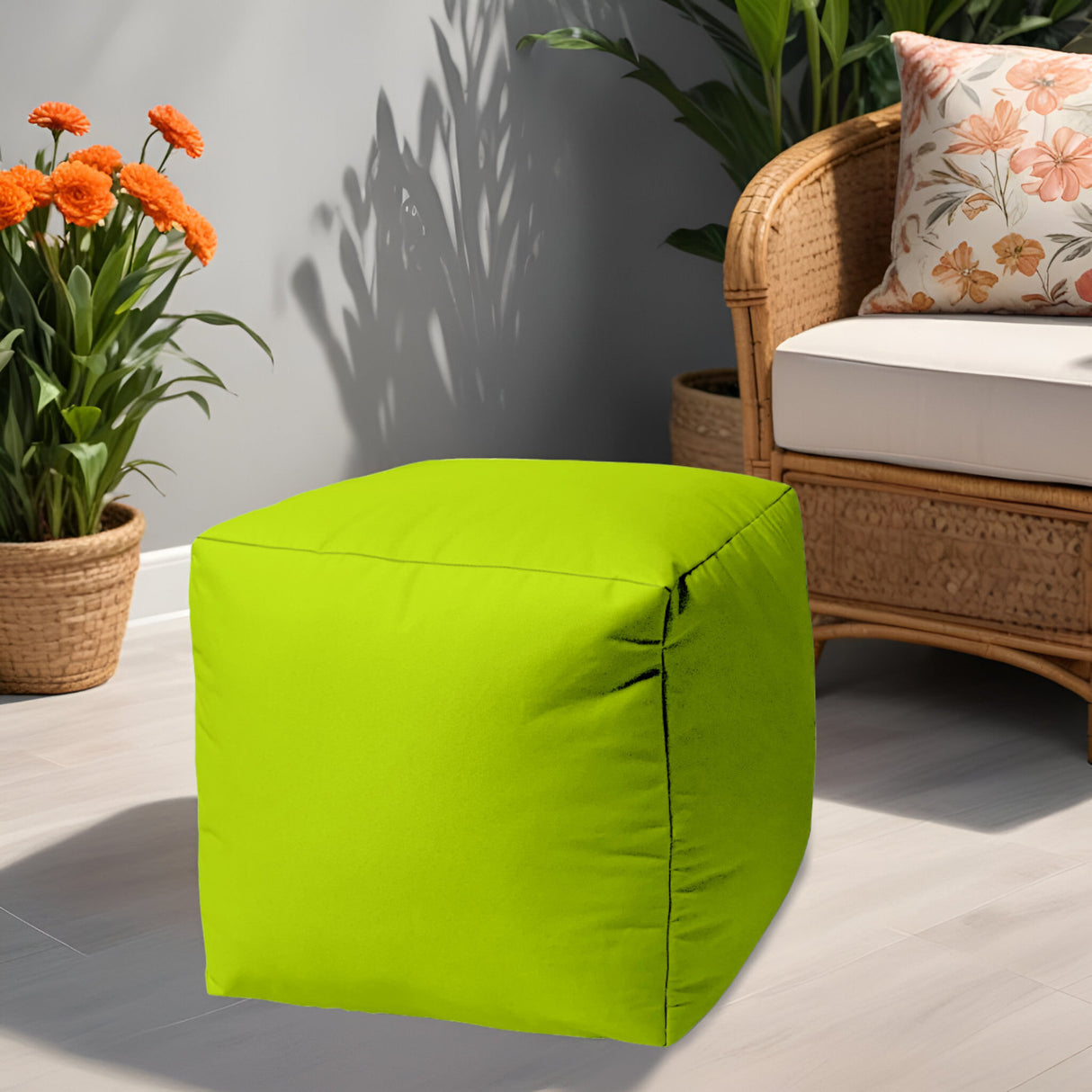 17" Coral Canvas Cube Outdoor Pouf Ottoman