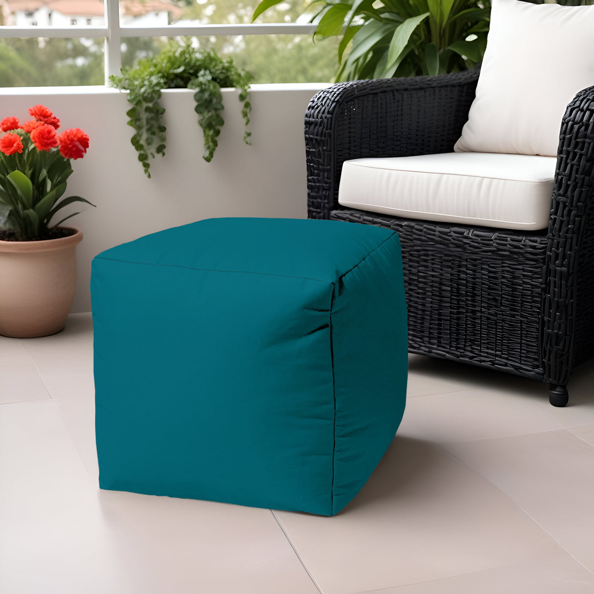 17" Coral Canvas Cube Outdoor Pouf Ottoman