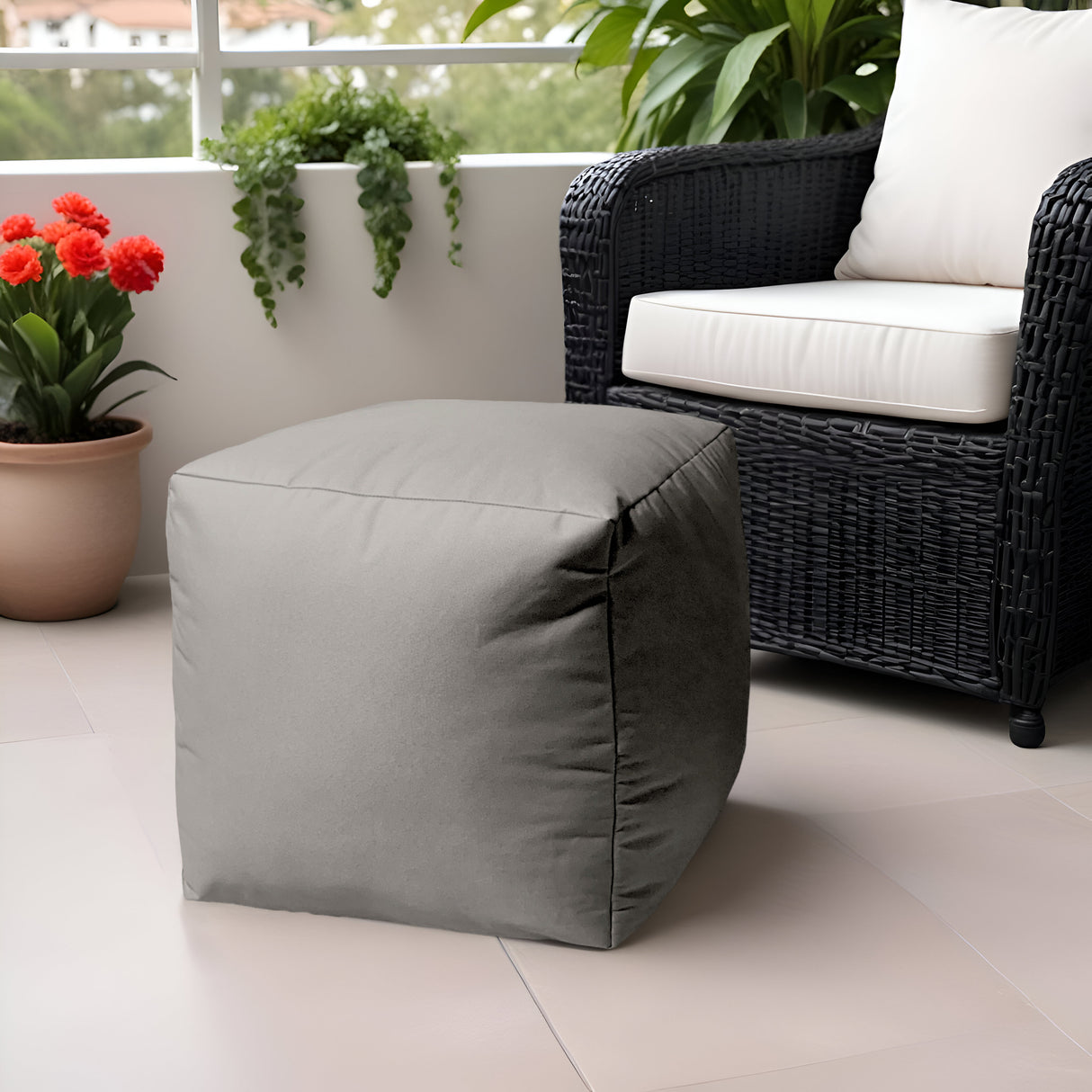 17" Coral Canvas Cube Outdoor Pouf Ottoman