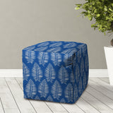 17" Blue and White Polyester Cube Floral Outdoor Pouf Ottoman