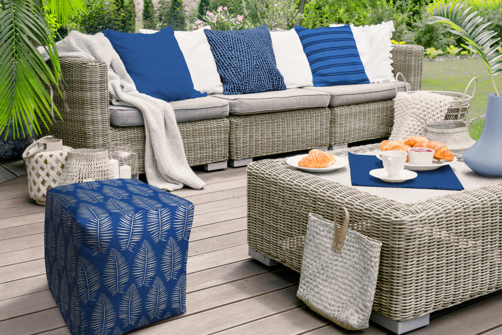 17" Blue and White Polyester Cube Floral Outdoor Pouf Ottoman