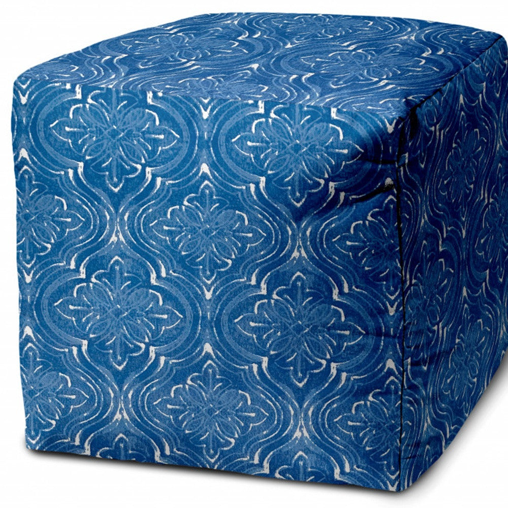 17" Blue and White Polyester Cube Damask Outdoor Pouf Ottoman