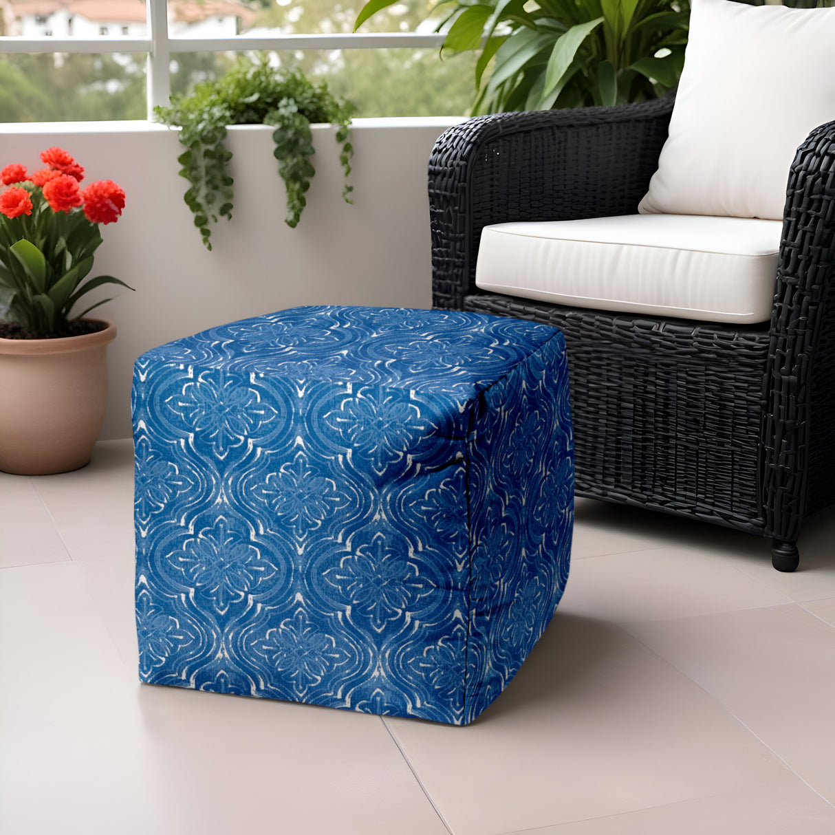 17" Blue and White Polyester Cube Damask Outdoor Pouf Ottoman