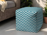 17" Turquoise and White Polyester Cube Chevron Outdoor Pouf Ottoman